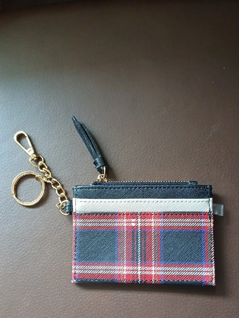 Steve Madden Red Black White Plaid Cardholder with Gold Keyring